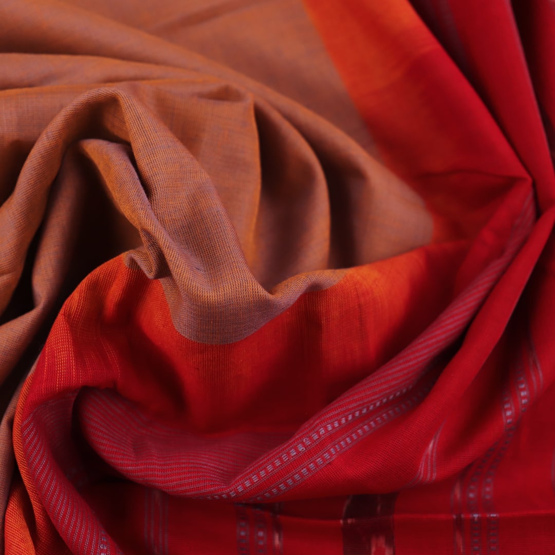Handloom multi-color red plain Sambalpuri cotton saree, full product view.
