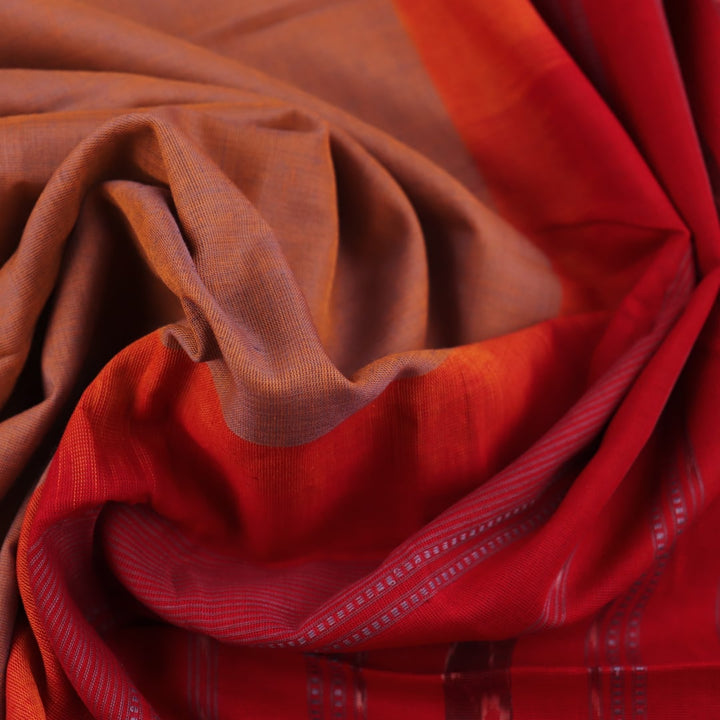 Handloom multi-color red plain Sambalpuri cotton saree, full product view.