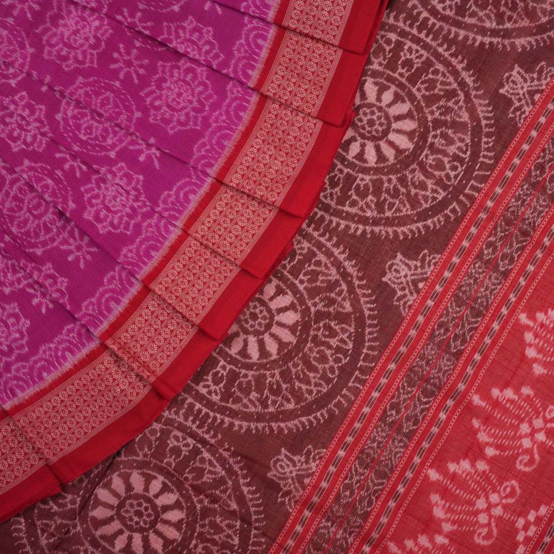 Full length view of the pink and red Sambalpuri cotton saree displaying the complete motif design.