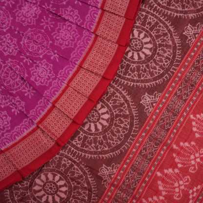 Full length view of the pink and red Sambalpuri cotton saree displaying the complete motif design.