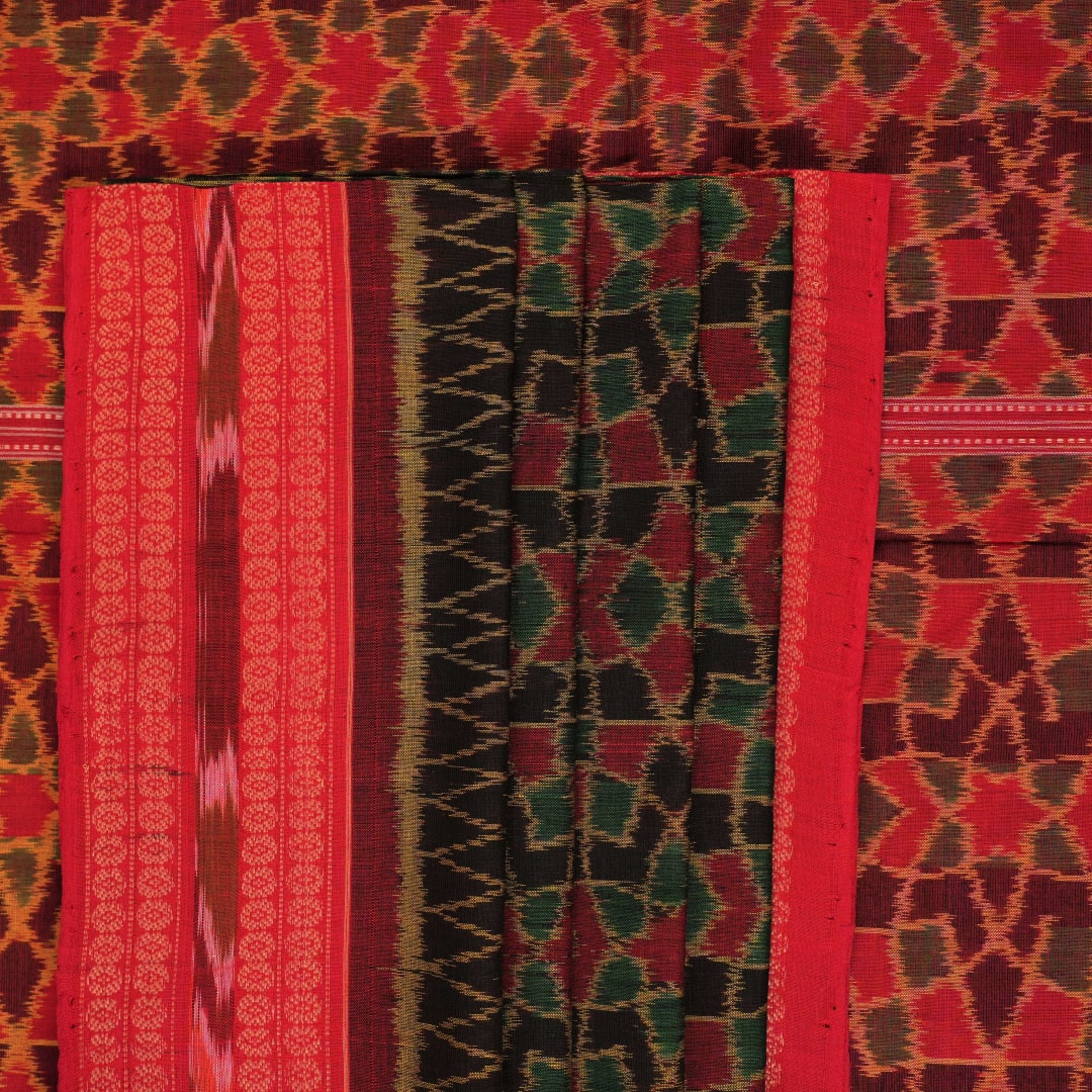 Full layout of red multi-color Sambalpuri cotton saree showcasing the overall ikat pattern and pallu design.