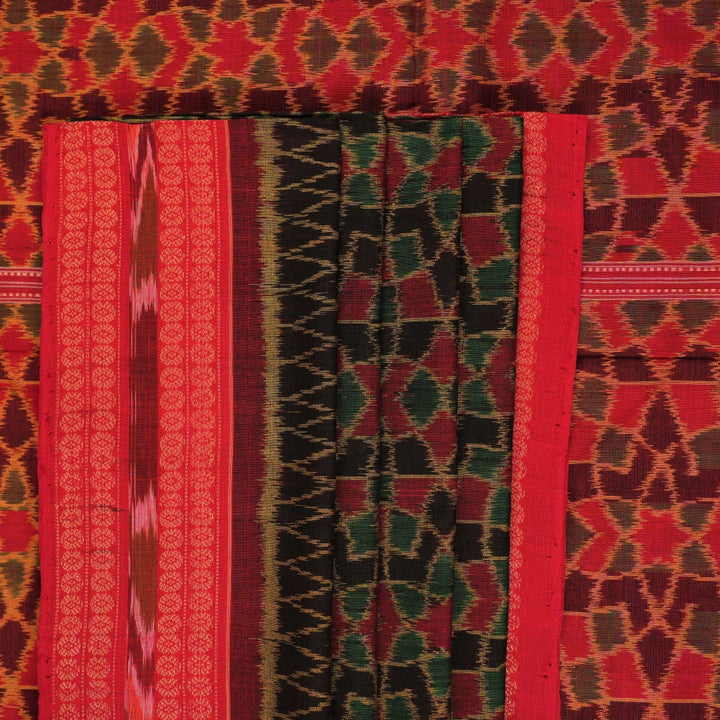 Full layout of red multi-color Sambalpuri cotton saree showcasing the overall ikat pattern and pallu design.