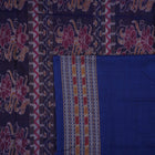 Full flat layout of maroon and blue Sambalpuri cotton saree with traditional motifs and ikat border.