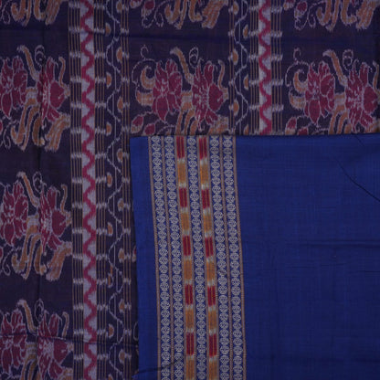 Full flat layout of maroon and blue Sambalpuri cotton saree with traditional motifs and ikat border.