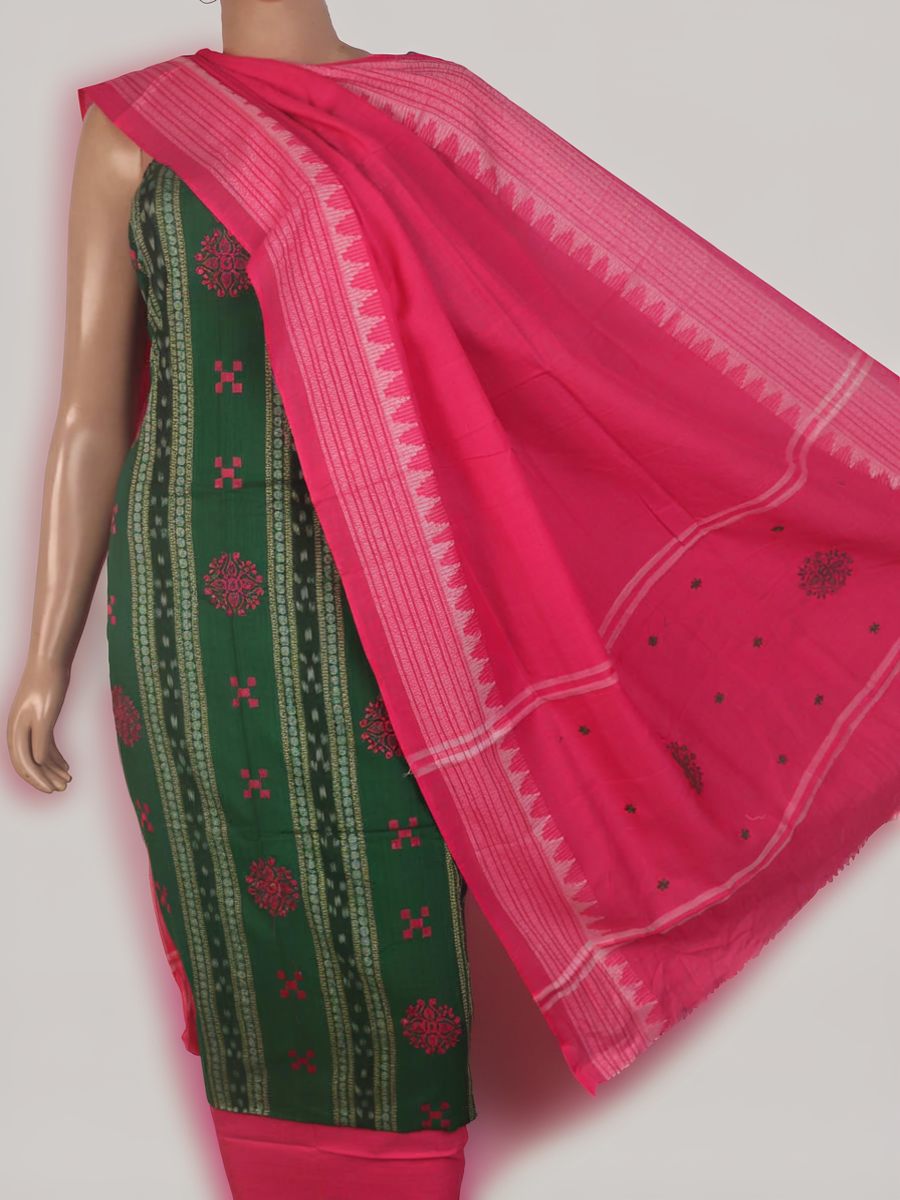 Detail of the blouse piece for a green Sambalpuri cotton dress material with pink motifs.