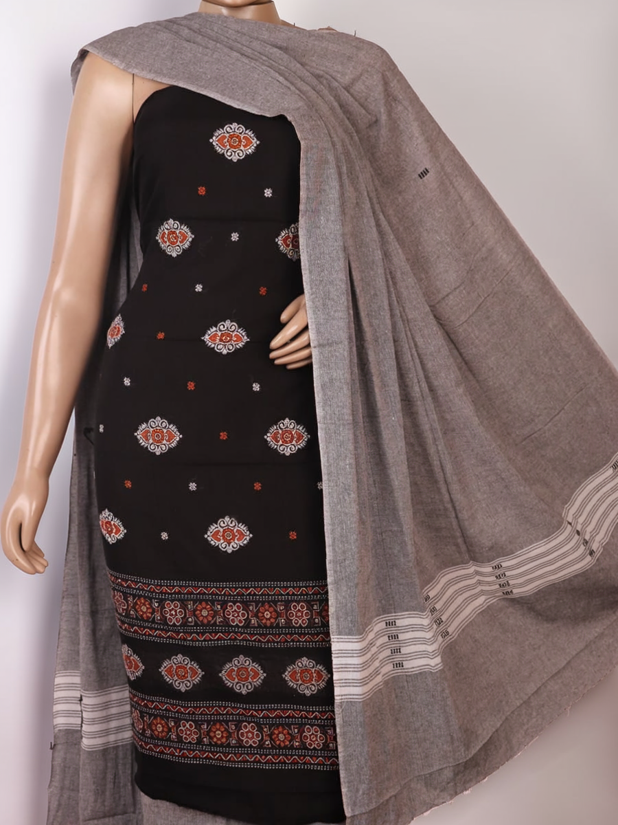 Detailed view of the matching black and grey Bomkai Cotton blouse piece with subtle weave pattern.