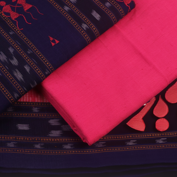 Detail of the blue and pink Sambalpuri cotton dress material blouse piece with traditional motifs.