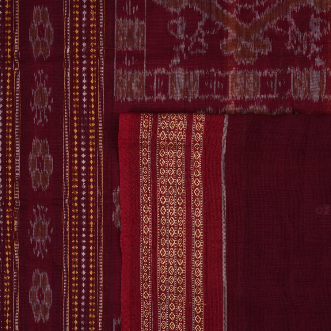 Full layout of the blue and maroon Bomkai cotton saree showing the complete body, border, and pallu.