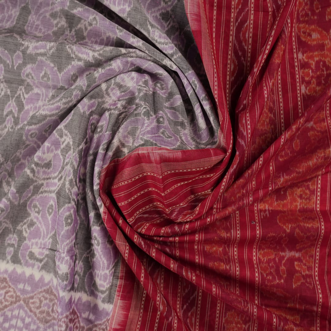 Full layout of a multi-color and maroon Sambalpuri cotton saree displaying the complete design and pallu.