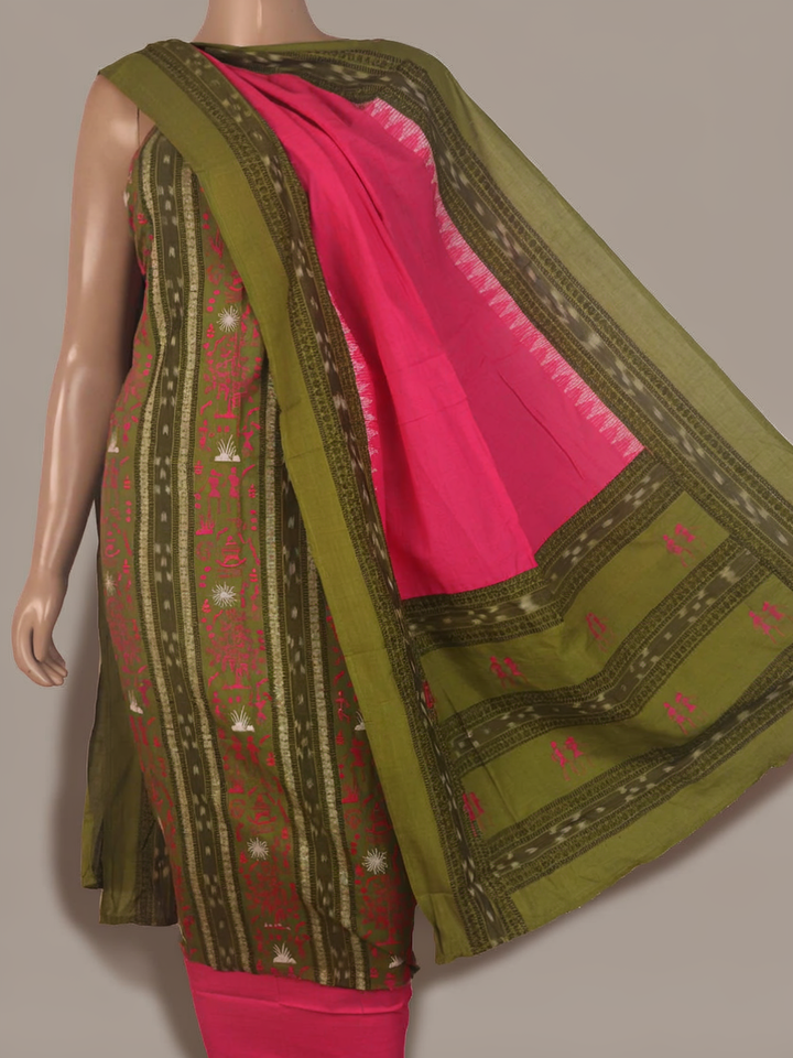 Sambalpuri cotton dress material: Detail of green blouse piece with pink motifs.
