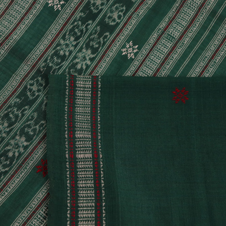 Full view of a white cotton Sambalpuri saree with green butta patterns.