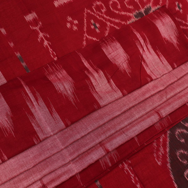 Draped multi-color Sambalpuri cotton saree with maroon highlights and plain body.