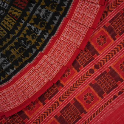 Full layout of the black and red Sambalpuri cotton saree displaying the complete pattern and border design.