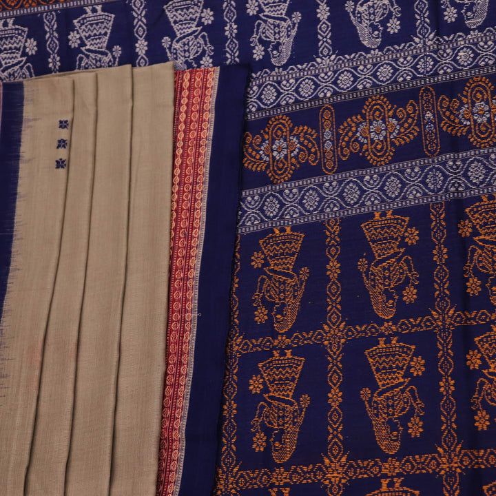 Full view of a handloom Bomkai saree in grey and blue with butta motifs.