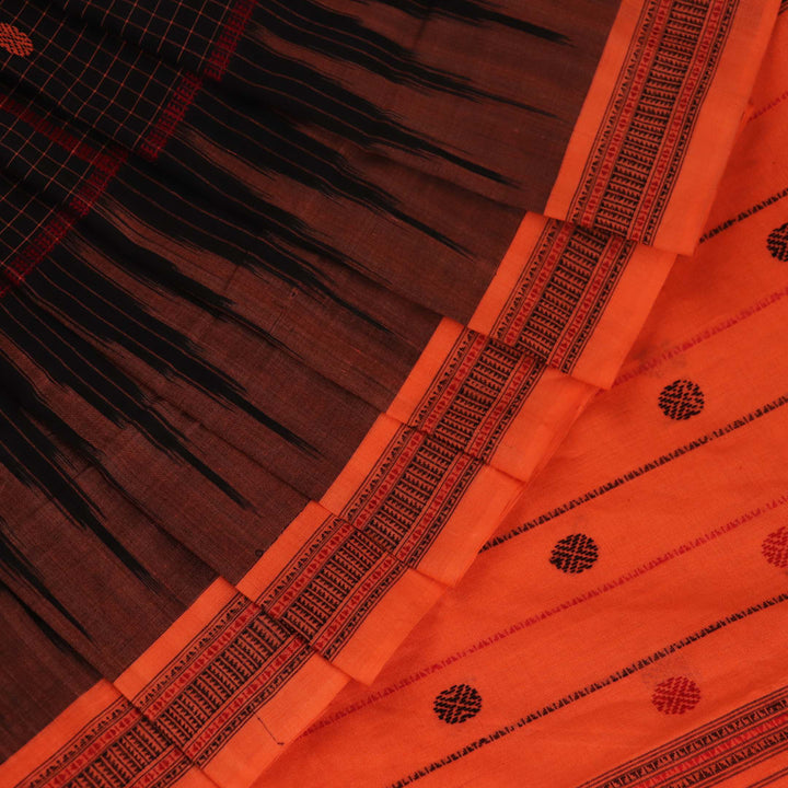 Full view of a Black and Orange Cotton Sambalpuri Saree with a Butta pattern.