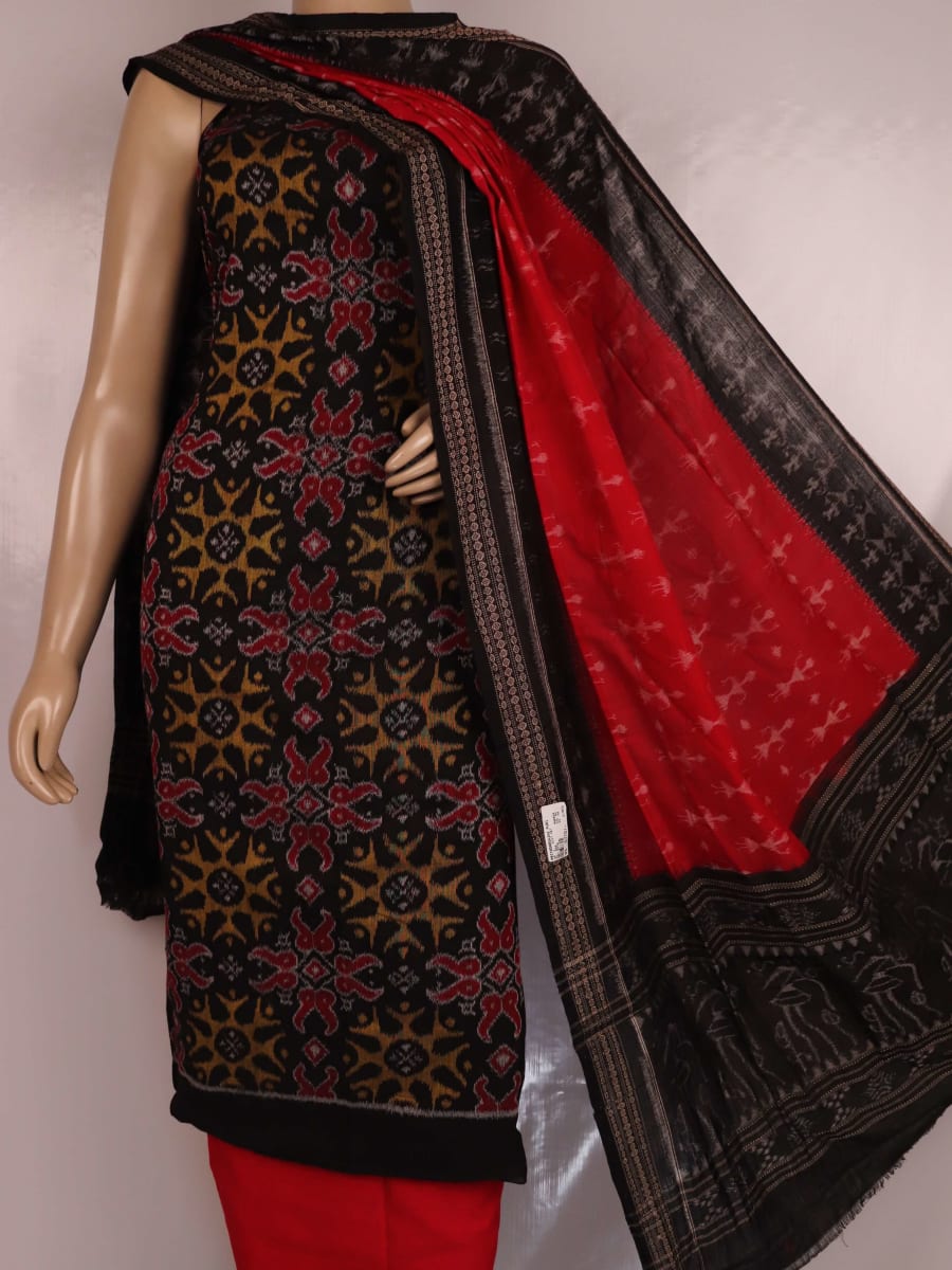 Detailed view of the red and black motifs on the cotton Sambalpuri dress material (Image 4 of 7)