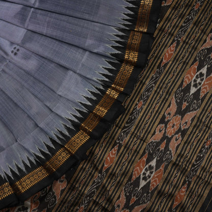Full styling view of a model wearing a grey and black Khandua silk saree featuring elegant butta motifs.