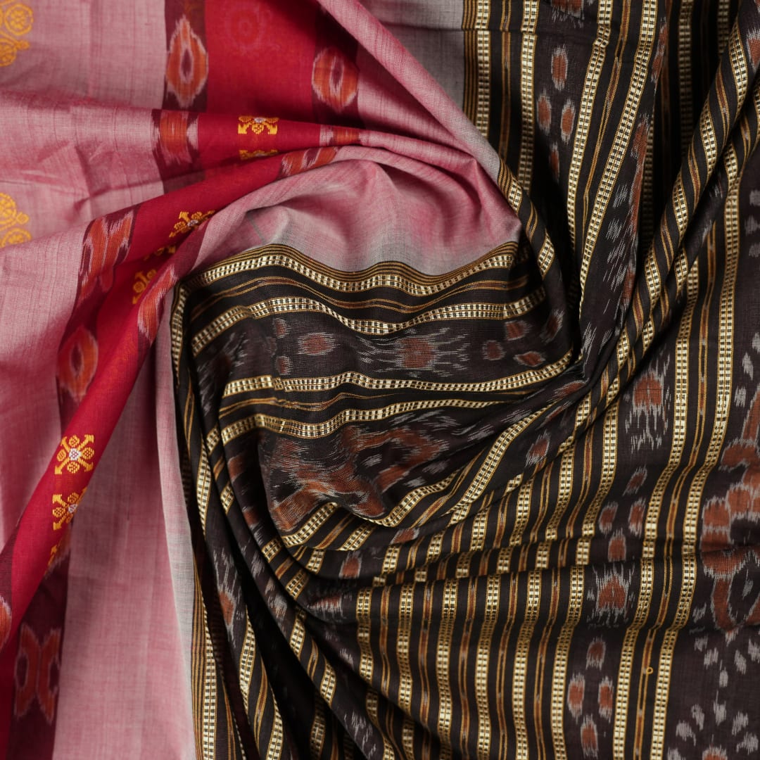 Full layout of the black and multi-color striped Sambalpuri cotton saree showing entire design
