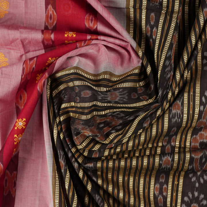 Full layout of the black and multi-color striped Sambalpuri cotton saree showing entire design
