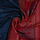 Full layout view of the blue Bomkai cotton saree with red borders and intricate handloom butta work.