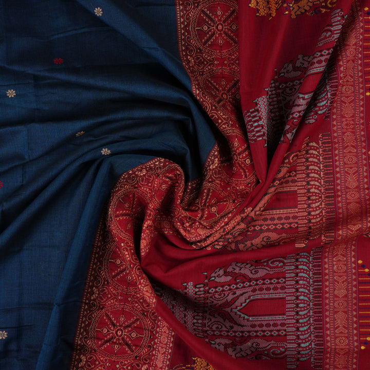 Full layout view of the blue Bomkai cotton saree with red borders and intricate handloom butta work.