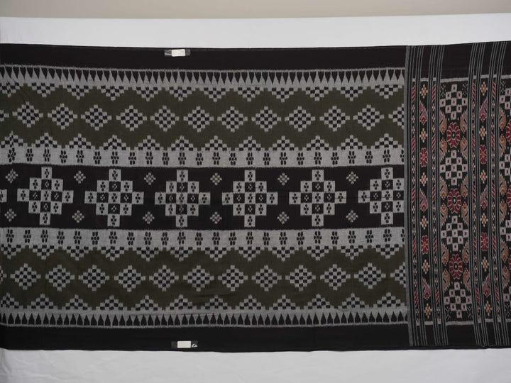 Model wearing a stylish green and black Sambalpuri cotton saree with traditional handloom woven motifs