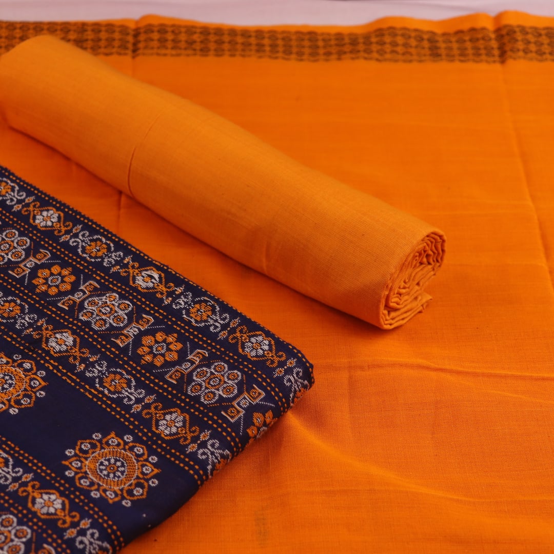 Detailed view of the matching blue and black Bomkai Cotton dress material blouse piece.