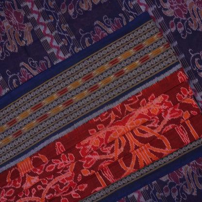 Full flat layout of maroon and blue Sambalpuri cotton saree with traditional motifs and ikat border.