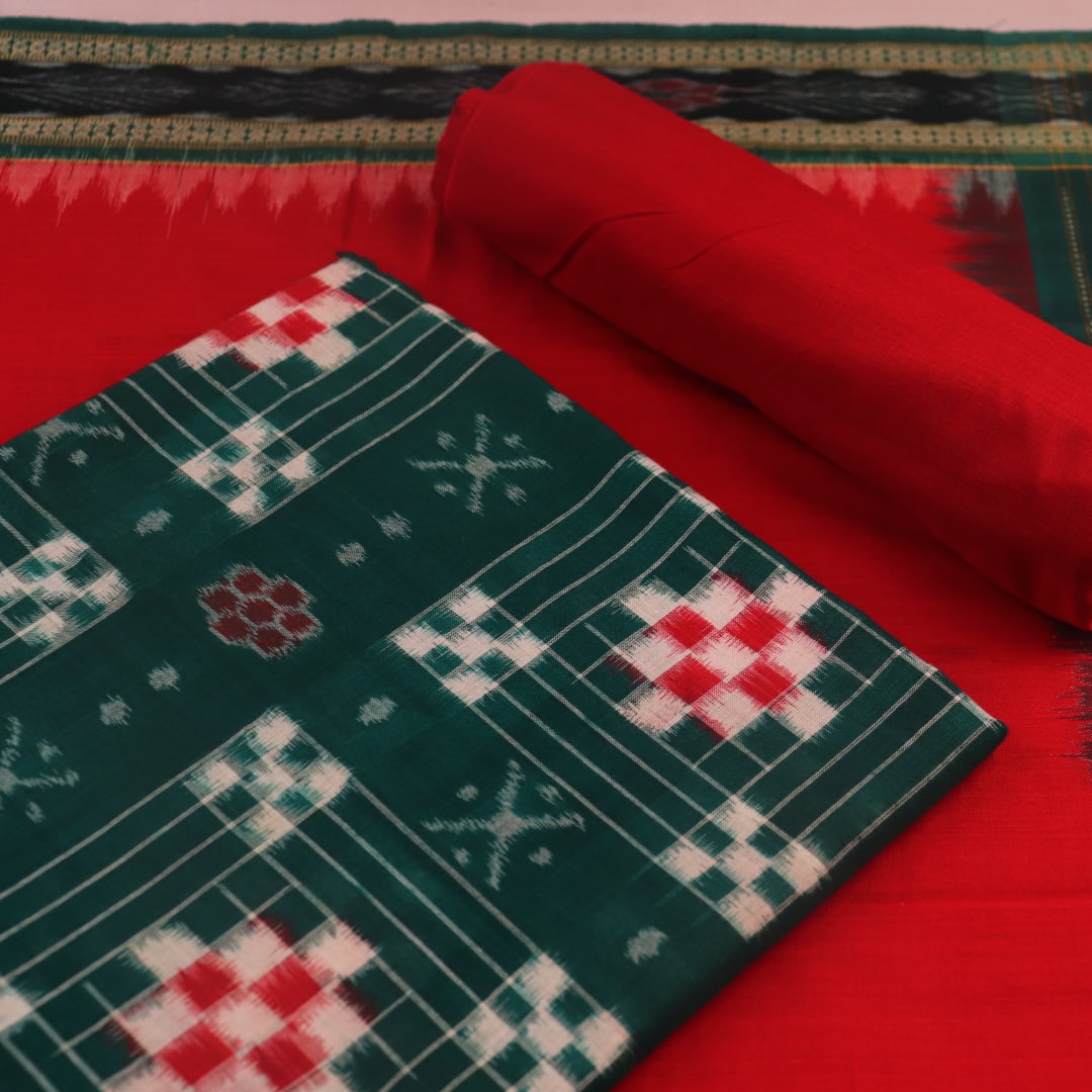 Detail of the red and green Pasapalli patterned blouse piece of the Sambalpuri cotton dress material.
