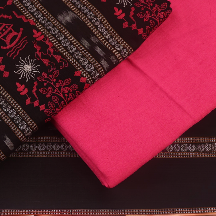 Blouse piece detail for black and pink Sambalpuri cotton dress material with motifs.