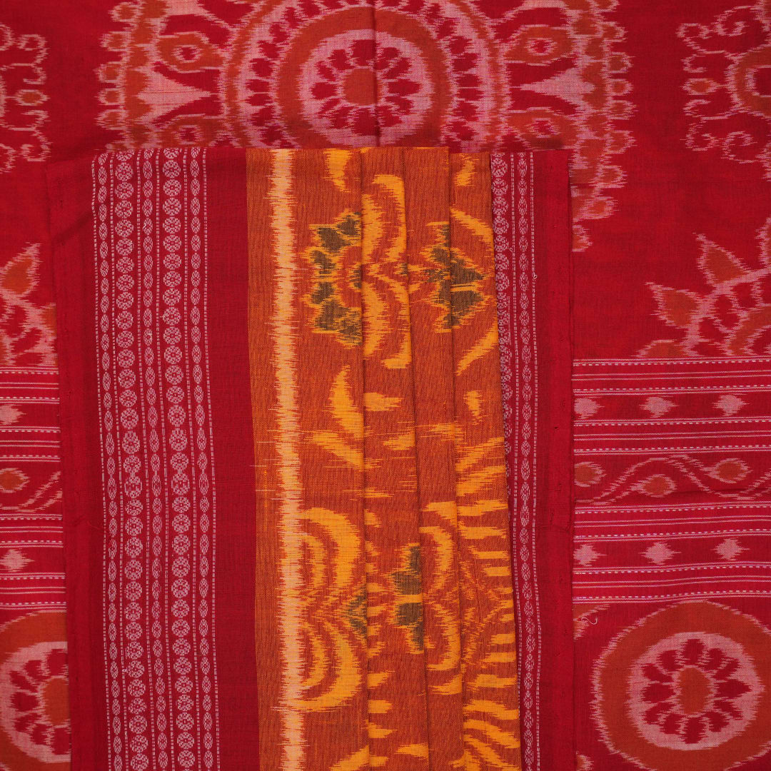 Full layout view of the yellow and red Sambalpuri cotton saree showcasing the complete body and border.