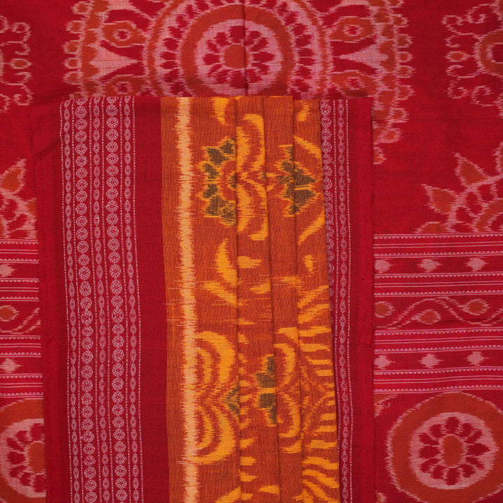 Full layout view of the yellow and red Sambalpuri cotton saree showcasing the complete body and border.