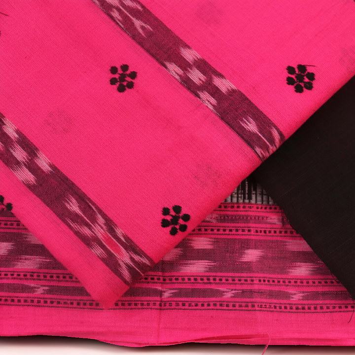 Blouse piece detail of pink and black Sambalpuri cotton motif dress material.