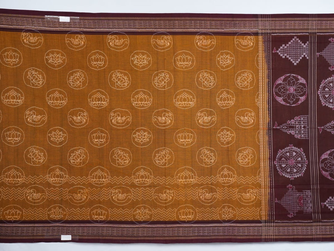 Full layout of the brown and maroon Sambalpuri cotton saree showing the complete body pattern and border.