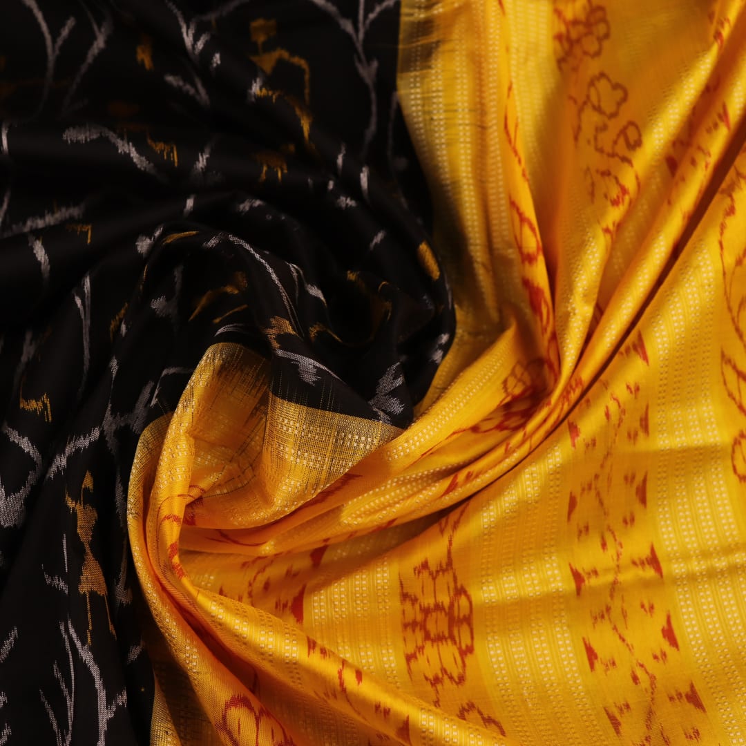 Close-up showcasing intricate silk fabric texture in black and yellow motifs