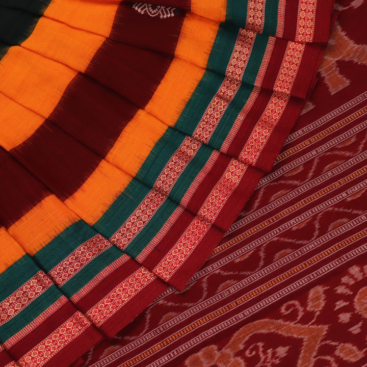 Full view of a yellow Bomkai cotton saree with maroon butta patterns