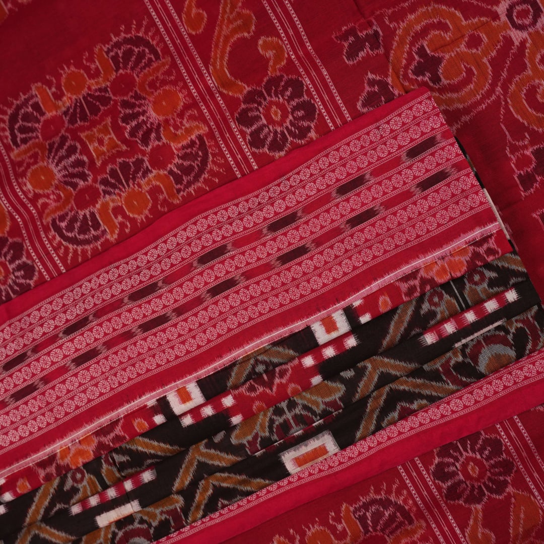 Full view of the red and multicolor Sambalpuri cotton saree displaying the entire Pasapalli layout