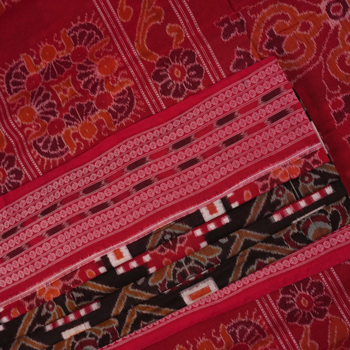 Full view of the red and multicolor Sambalpuri cotton saree displaying the entire Pasapalli layout