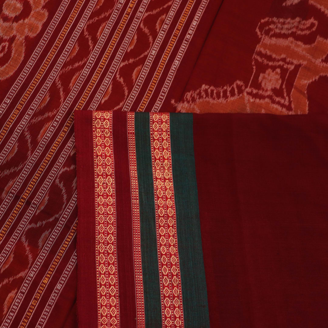 Full view of a yellow Bomkai cotton saree with maroon butta patterns