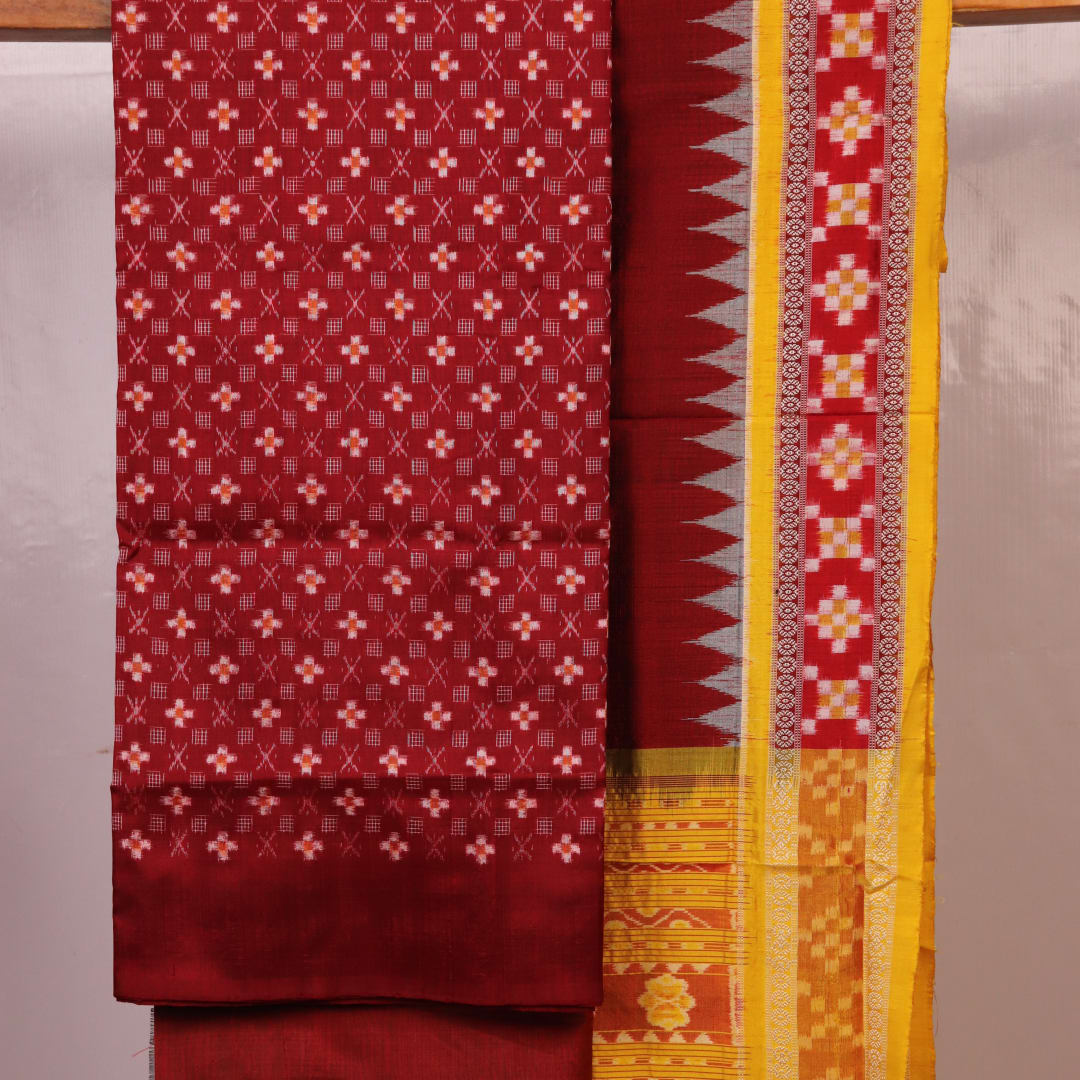 Maroon Pasapalli Sambalpuri handloom silk dress material blouse piece detail.