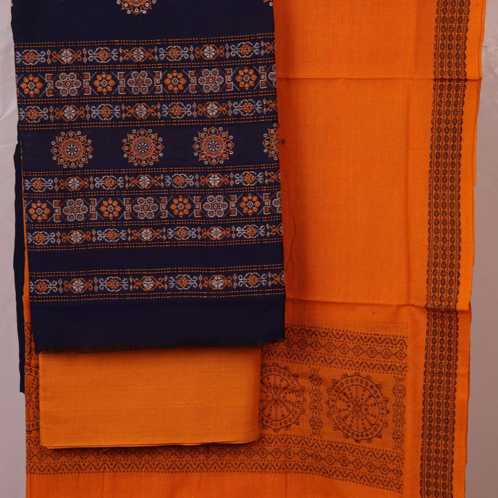 Detailed view of the matching blue and black Bomkai Cotton dress material blouse piece.