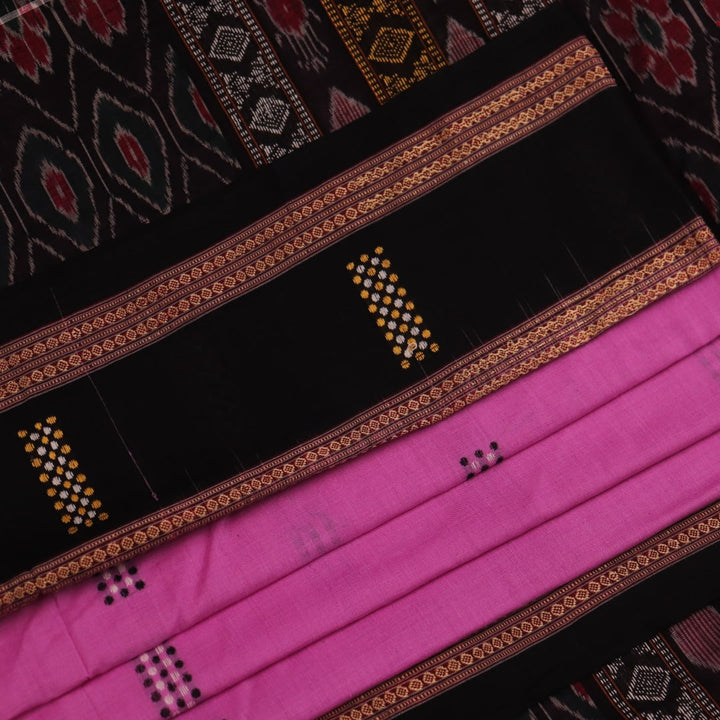 Full-length view of a pink Bomkai cotton saree featuring black butta patterns.