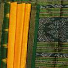 Yellow Khandua silk saree draped, showcasing its simple elegance and the plain body.
