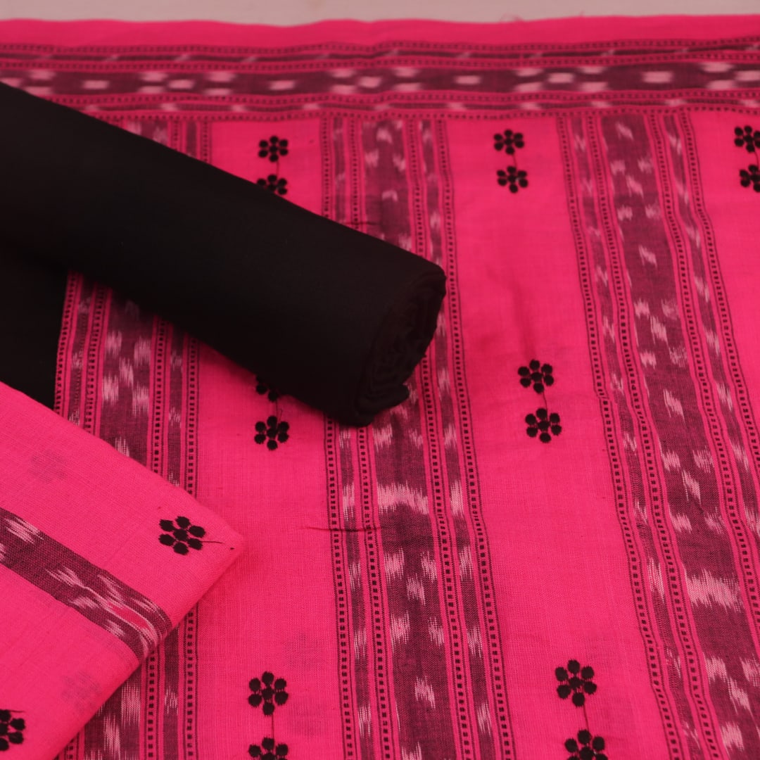 Blouse piece detail of pink and black Sambalpuri cotton motif dress material.