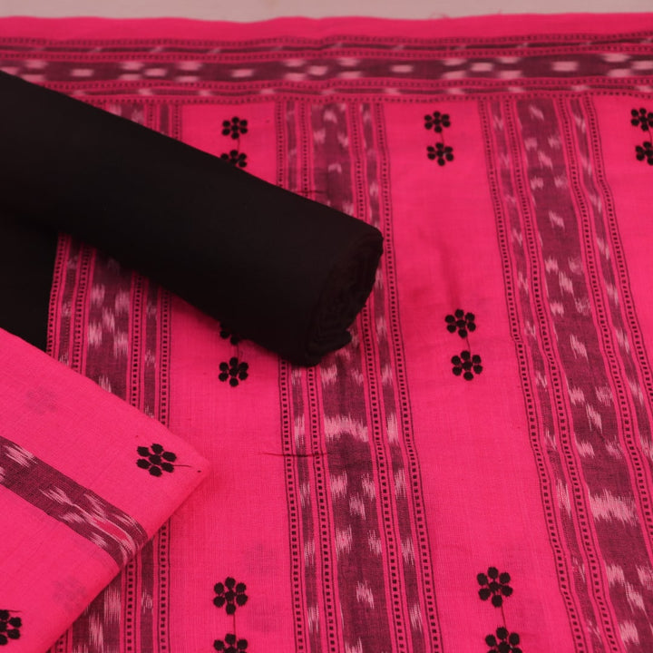Blouse piece detail of pink and black Sambalpuri cotton motif dress material.
