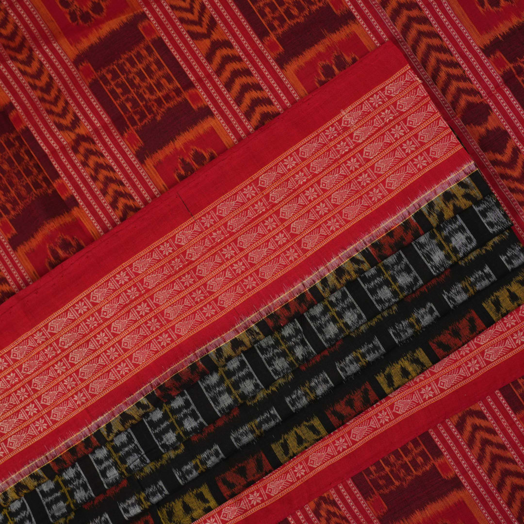 Full layout of the black and red Sambalpuri cotton saree displaying the complete pattern and border design.