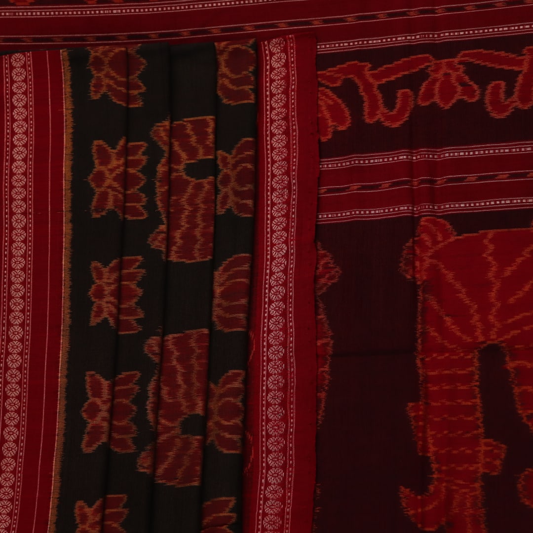 Green and maroon Sambalpuri cotton saree with intricate motifs