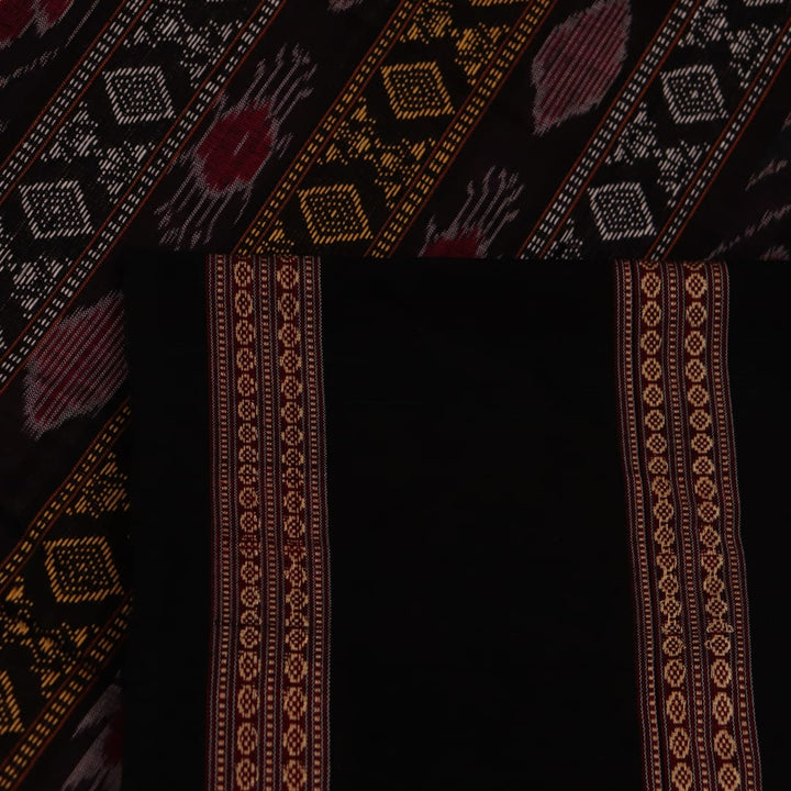 Full-length view of a pink Bomkai cotton saree featuring black butta patterns.