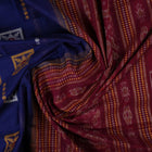 Full layout of the blue and maroon Bomkai cotton saree showing the complete body, border, and pallu.