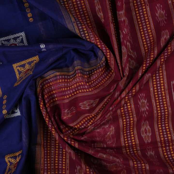 Full layout of the blue and maroon Bomkai cotton saree showing the complete body, border, and pallu.